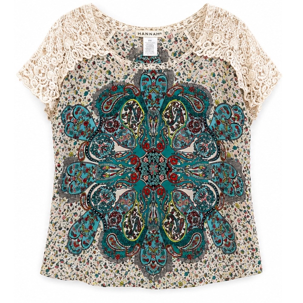 Hannah Womens Boho Paisley Mandala Floral Blouse Crochet Lace Yoke Top Medium